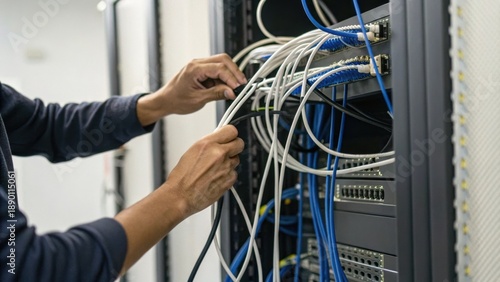 Wallpaper Mural A technician organizes network cables in a server room, ensuring connectivity and functionality. Torontodigital.ca