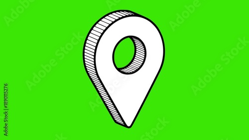 trendy location pin animation designed in black and white hand drawn style. isometric gps symbol on green screen chroma key background. high quality sketch element for navigation and travel project