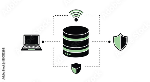 Secure data storage and transmission concept with server laptop and shield icons connected by dotted lines on a white background with green accents