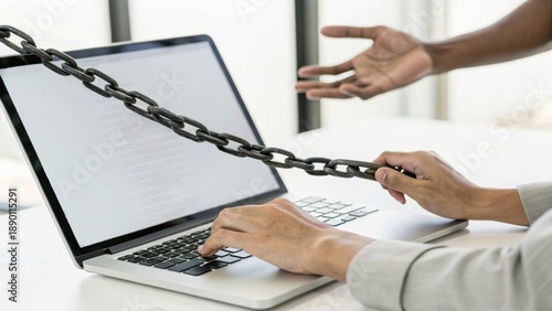 A person reaches for a laptop connected by a chain, symbolizing restrictions or limitations in the digital space.