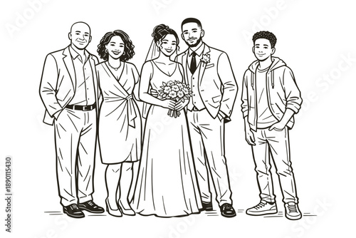 Wedding group photo with bride, groom, and happy family members, line art illustration