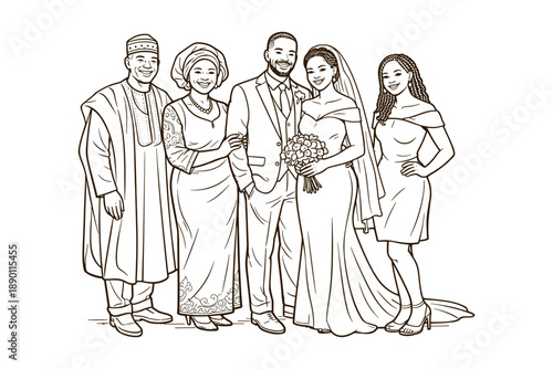 African American wedding family portrait with bride and groom. Vector illustration