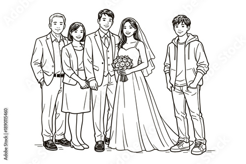Wedding portrait of Asian family with bride and groom. Vector illustration