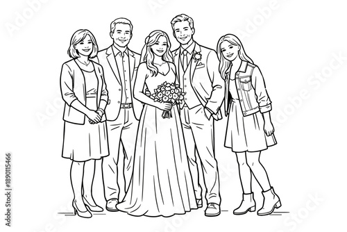 Caucasian family group portrait at wedding with couple. Vector illustration
