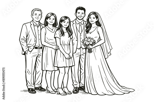 Wedding day portrait of Hispanic family with bride and groom. Vector illustration