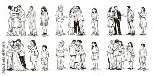 Wedding congratulations and hugs from family and friends set. Vector illustration