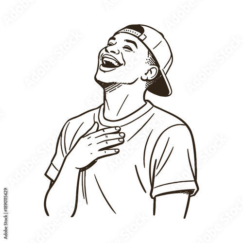 Young man laughing with hand on chest in cap. Vector illustration