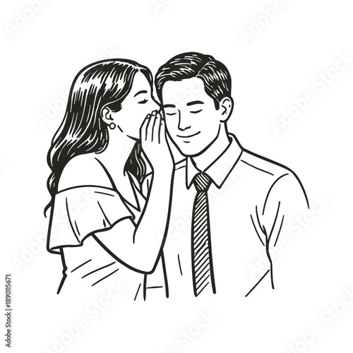 Woman whispering secret to man in shirt and tie. Vector illustration