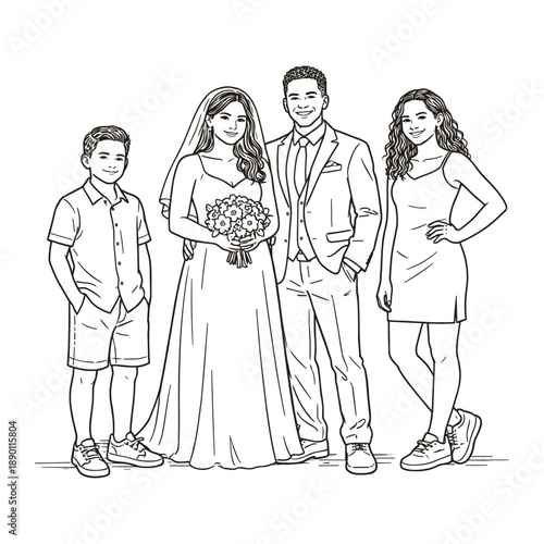 Wedding portrait of interracial couple with teenage kids. Vector illustration