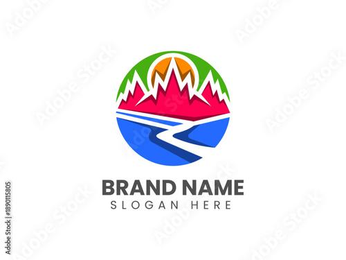 Professional nature logo design vector illustration with mountain scenery for tourism and travel identity