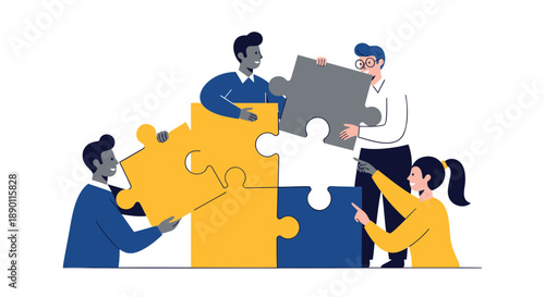 Diverse team members assembling puzzle pieces together in collaboration and partnership for problem solving and business success