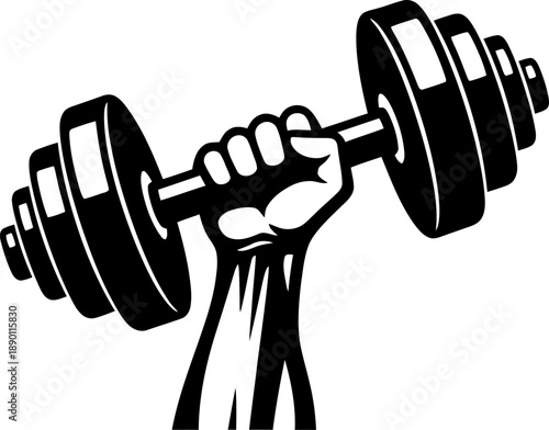 Strong arm lifting black dumbbell weightlifting fitness strength training motivation workout success vector illustration