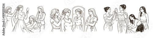 Bridesmaids helping bride get ready before wedding ceremony. Vector illustration