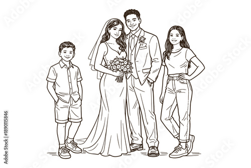 Interracial wedding couple with teenage daughter and young son. Vector illustration