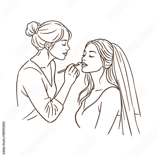Makeup artist applying lipstick to bride before wedding. Vector illustration