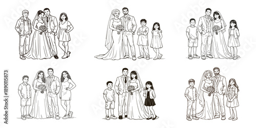 Collection of interracial wedding couples with children. Family portraits set. Vector illustration