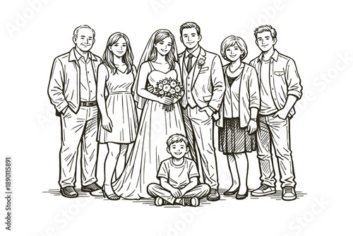 Wedding family group portrait with bride, groom, relatives, and child sitting in front. Line art illustration