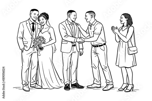 Wedding congratulations scene with groom shaking hands with guest, bride holding bouquet, and guest clapping. Line art illustration