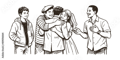 Wedding scene with a couple receiving warm hugs and congratulations from friends. Line art illustration