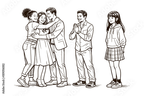 Wedding celebration with newlywed couple receiving warm hugs and congratulations from friends and guests. Line art illustration