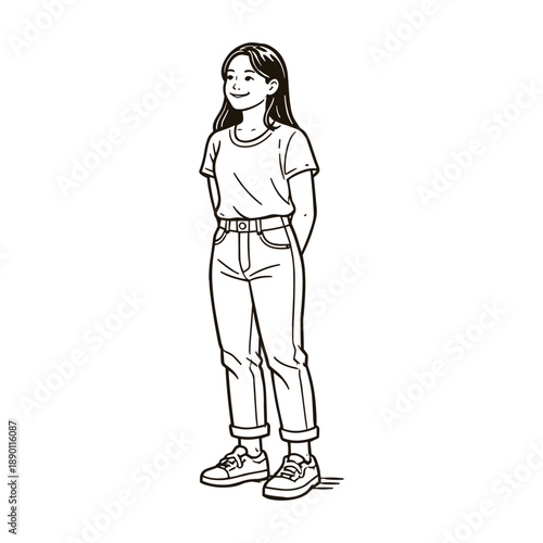 Smiling young woman standing casually with hands behind her back. Line art illustration