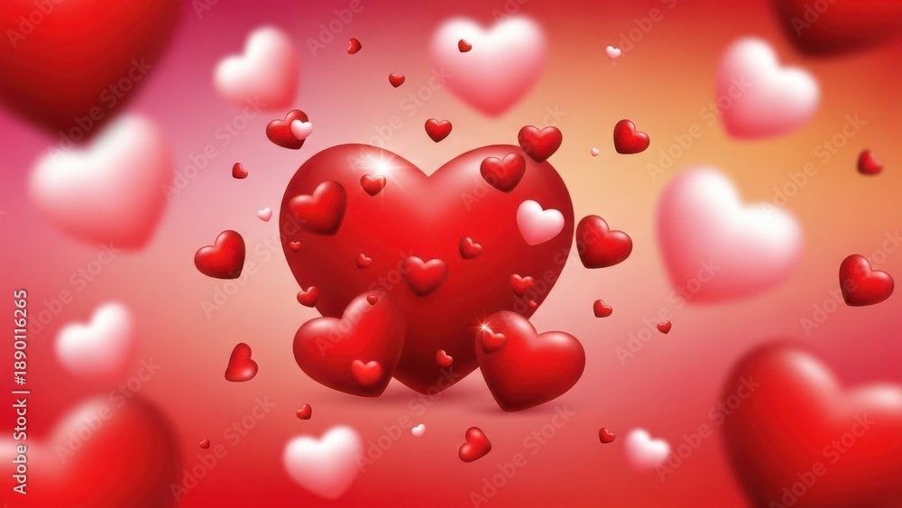 Obraz premium Floating red and pink 3d hearts over warm glowing background for valentines day concept