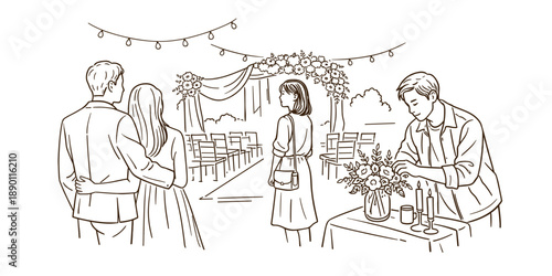 Line art illustration of an outdoor wedding setup. A couple stands arm in arm, looking toward a decorated ceremonial arch with rows of chairs arranged for guests
