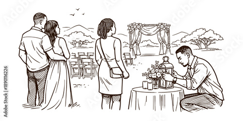 Line art illustration of an outdoor wedding setup in progress. A couple stands together, admiring a decorated ceremonial arch with empty chairs arranged for guests
