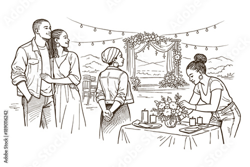 Line art illustration of an outdoor wedding venue being prepared. A couple stands together admiring the beautifully decorated floral arch