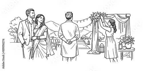 Line art illustration of an outdoor wedding venue being decorated. A couple dressed in traditional attire stands together, admiring the scene