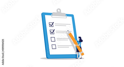 Businesswoman with clipboard and pencil checking tasks office supply checklist