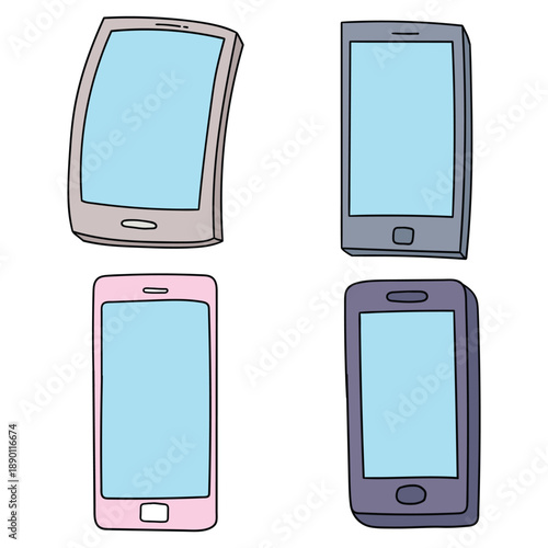 Hand-drawn cartoon set of colorful mobile phones on a white background.
