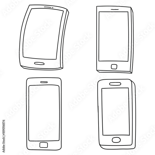 Hand-drawn doodle set of mobile phones on a white background.