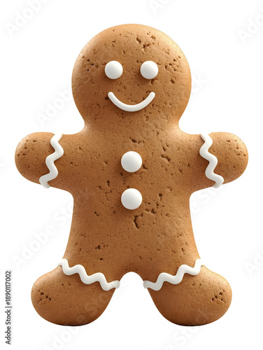 A delicious homemade Christmas gingerbread man cookie decorated with a smile, isolated as a traditional sweet holiday treat