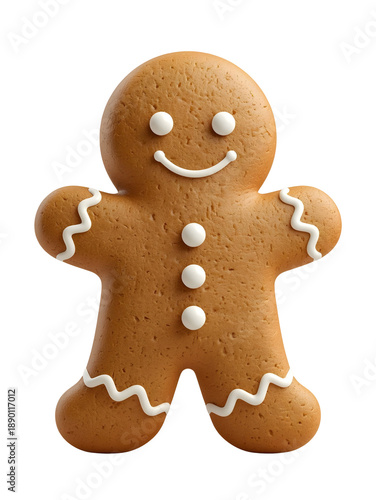 A delicious homemade Christmas gingerbread man cookie decorated with a smile, isolated as a traditional sweet holiday treat