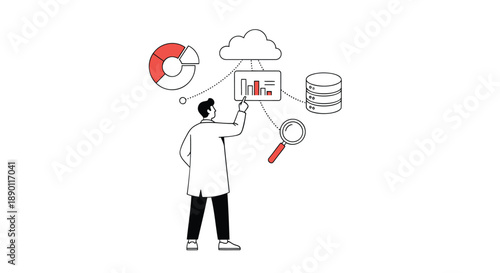 Businessman analyzing data on cloud storage with pie chart bar graph and magnifying glass