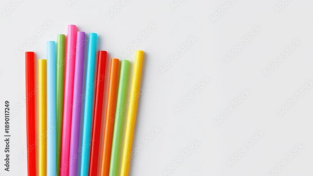 Fototapeta premium Colorful plastic drinking straws arranged diagonally on a light gray background. Concept Colorful straws flat lay, Diagonal composition, Minimalist studio shot, Bright color palette