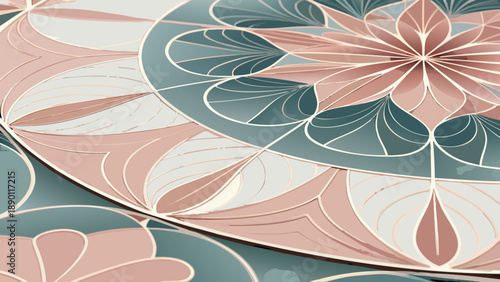 Vibrant floral pattern design with pink green and white hues on circular shapes