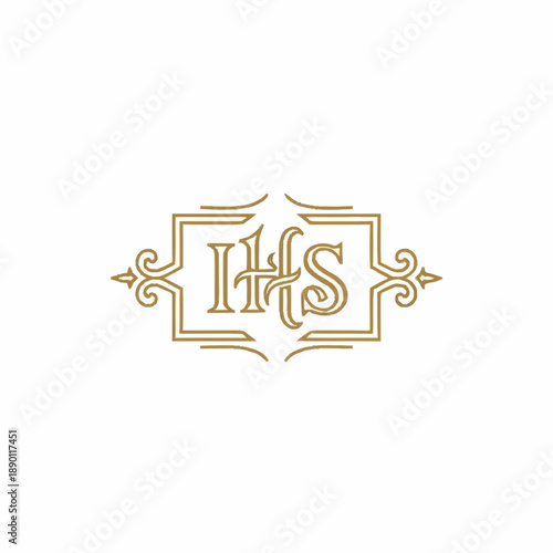 IHS monogram in an ornate golden frame, religious symbol.