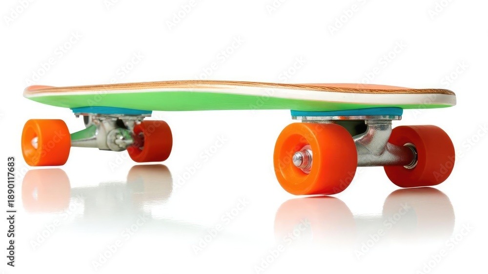 Fototapeta premium A neon-green longboard skateboard with orange wheels and silver trucks on a white reflective surface. Concept Neon Green Longboard, Orange Wheels, Silver Trucks, White Reflective Surface
