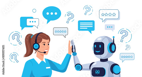 Woman with headset interacts with smiling robot surrounded by chat bubbles and symbols conveying friendly customer service and ai communication