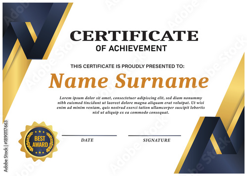 Modern Navy Blue and Gold Certificate Template with Abstract Sharp Corner Borders