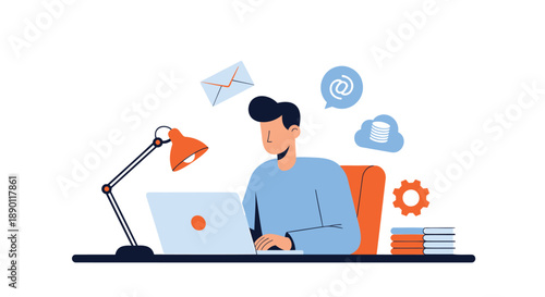 Man working on laptop with cloud computing and email icons floating above