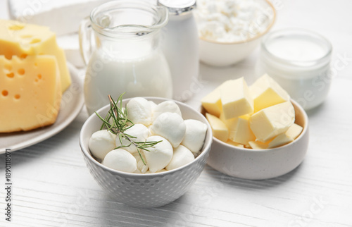 Assorted dairy products including milk, cheese, and butter