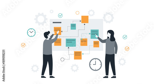 Two business professionals collaborate on a colorful workflow diagram with clocks and gears