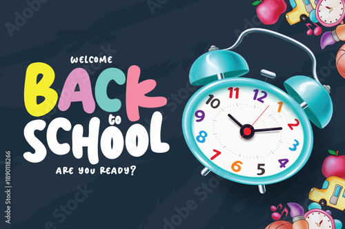 Back to School Promotional Banner: Large Cyan Alarm Clock with Colorful Greeting on Dark Background.