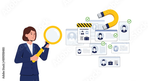 Businesswoman analyzes candidate profiles with magnifying glass recruitment concept hr talent acquisition screening process