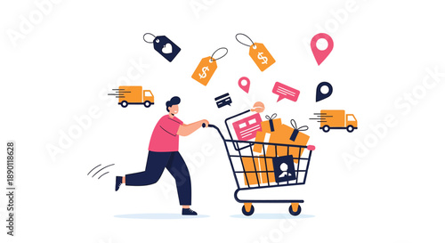 Person running with shopping cart filled with packages and surrounded by delivery icons and tags