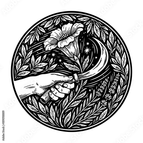 Hand and Sickle: Ritual hand holding a sickle among wildflowers and herbs.
