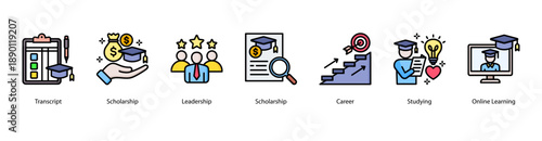 Scholarship and Career Growth web banner icon vector illustration featuring Transcript, Scholarship, Leadership, Scholarship, Career, Studying, and Online Learning.